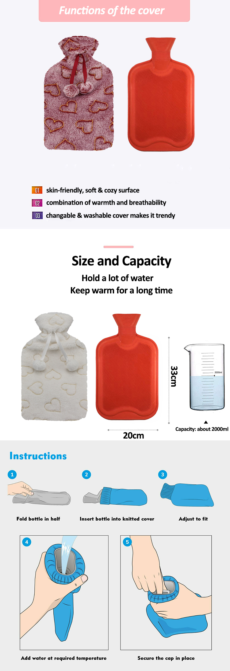 china wholesale manufacture custom hot water bottles rubber hot water bag with cover